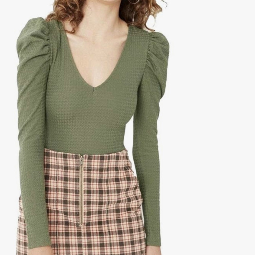 Wild Fable Women's Puff Long Sleeve Bodysuit - Olive Green